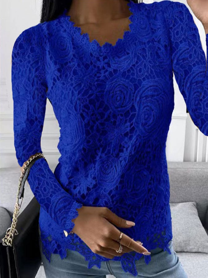 Solid Color Lace Long Sleeve Top