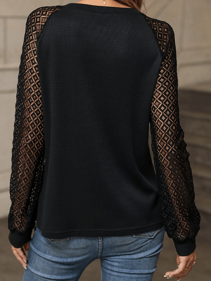 Women's Lace Panel V-neck Long Sleeve Top
