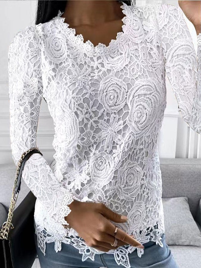 Solid Color Lace Long Sleeve Top