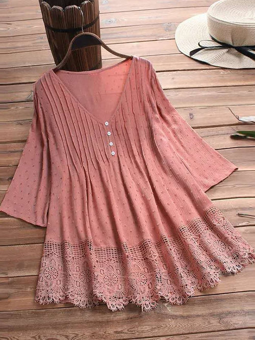 Women's V-Neck Lace Cutout Jacquard Shirt