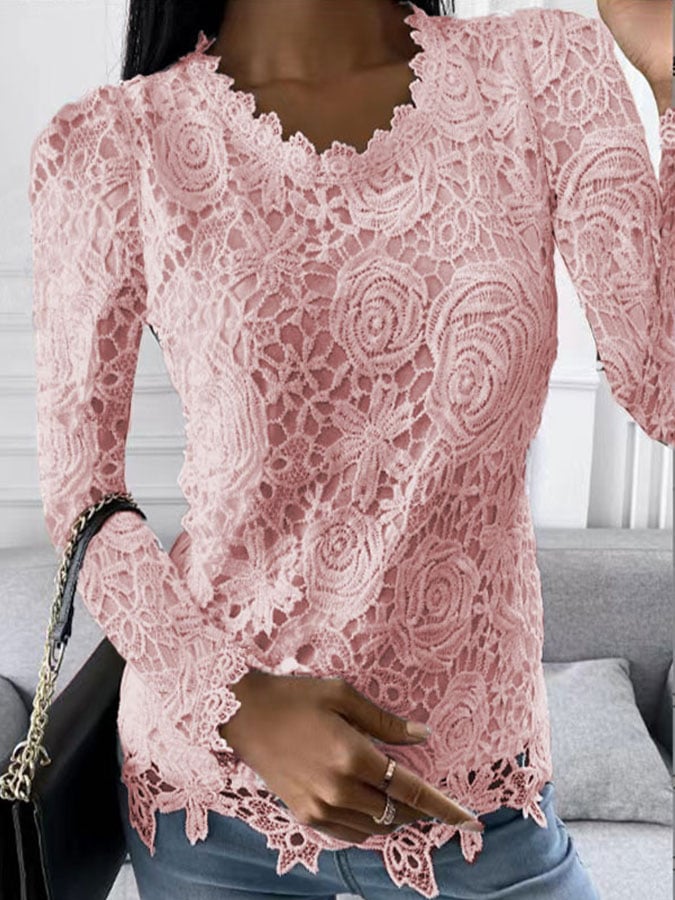 Solid Color Lace Long Sleeve Top