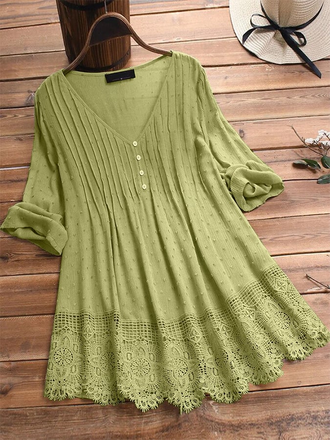 Women's V-Neck Lace Cutout Jacquard Shirt