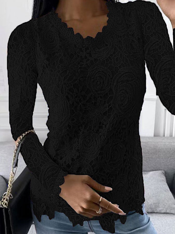 Solid Color Lace Long Sleeve Top