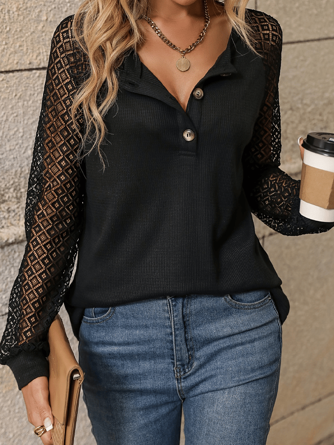 Women's Lace Panel V-neck Long Sleeve Top