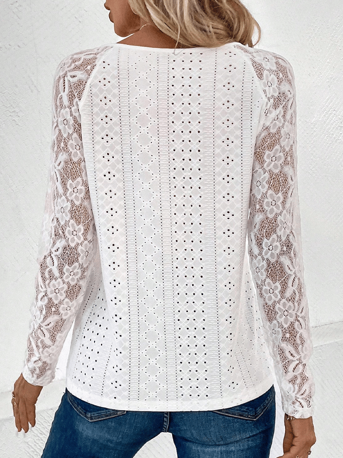 Women's Long-Sleeved Lace Stitching Hollow Top