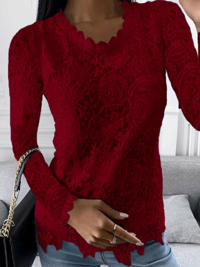 Solid Color Lace Long Sleeve Top