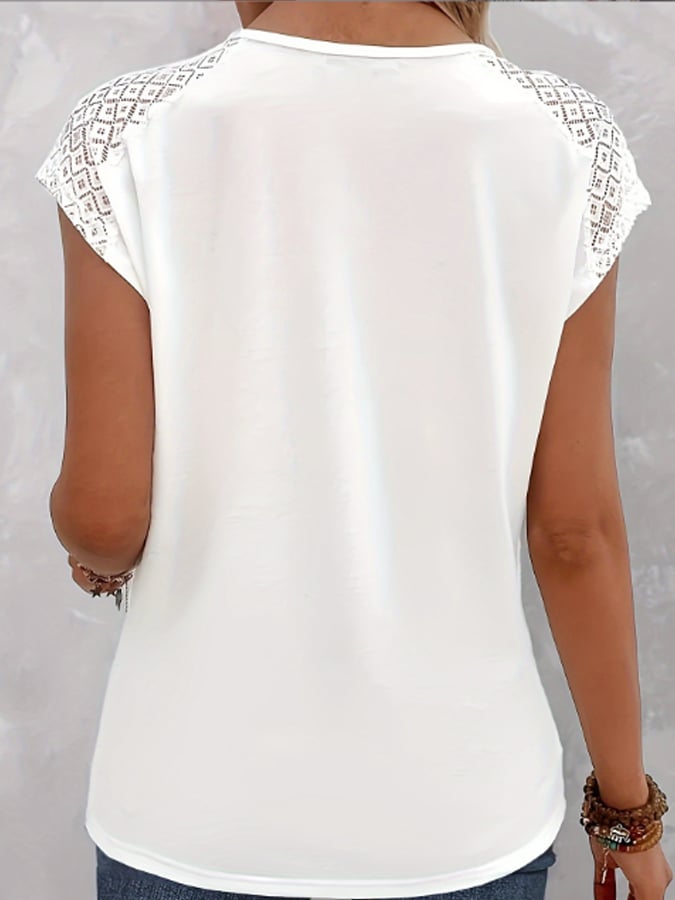 Women's Simple Lace Round Neck Short Sleeve T-Shirt
