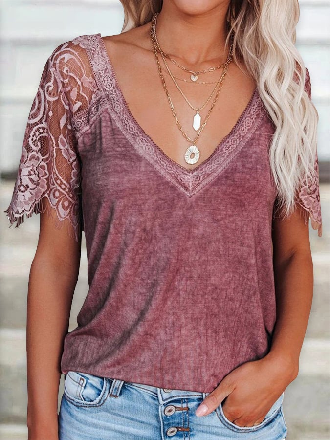Women's Lace Panel V-Neck T-Shirt